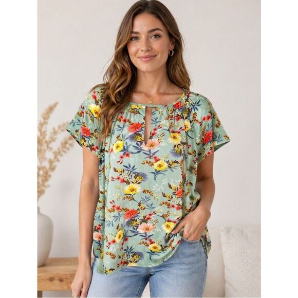 fun 2 fun Tops - Fun2Fun Floral Flutter Sleeve Cutout Back Blouse Muted Green Multicolor M